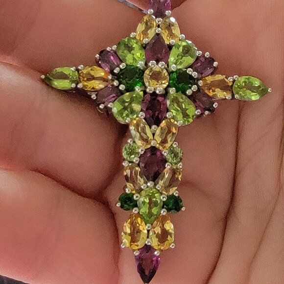 Multi-Gemstone Cross on 18 inch Silver Chain - Picture 4 of 7